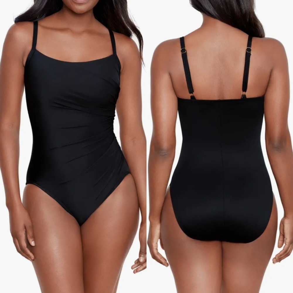 New Miraclesuit Starr Underwire One Piece Swimsuit Black Ruched Tummy Control 6